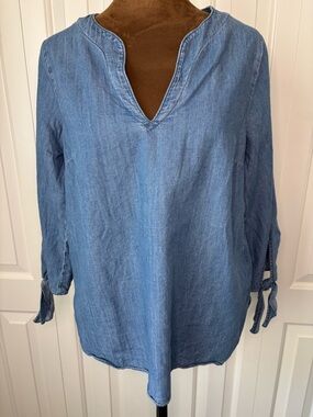 Michael Kors Light Blue Chambray Denim V-Neck Tunic with Tie Sleeves, Size XS